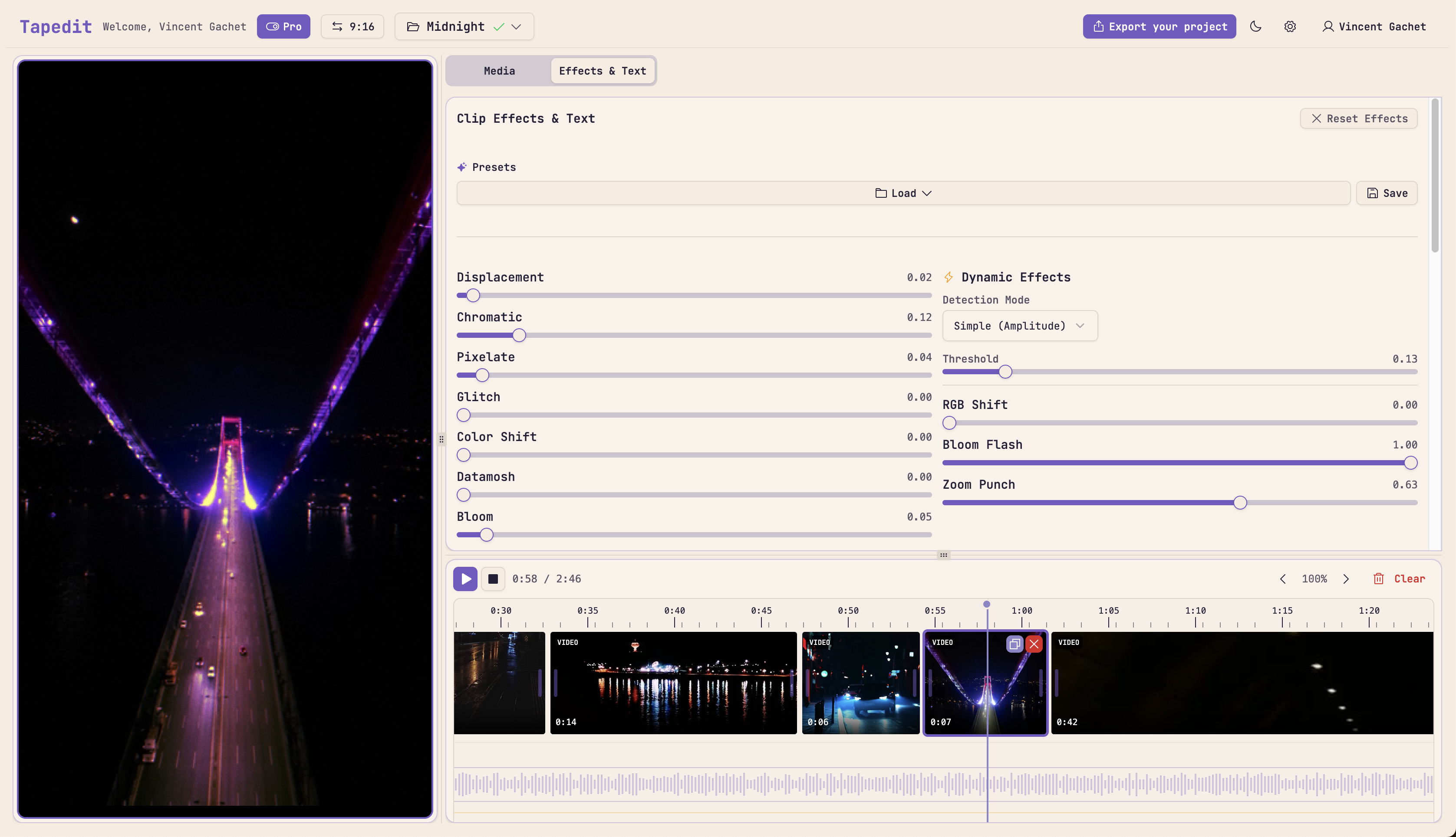 Tapedit Studio editor — Timeline and media library